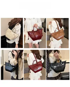 Detailed views of vintage oil wax leather tote bags in beige, burgundy, caramel, and black