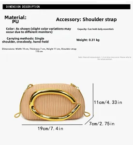 Detailansicht der Maße der runden PU-Clutch mit Metallgriff und gewebter Textur