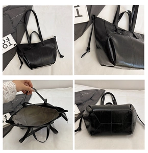Detailed views of black crocodile texture tote bag showing interior lining and zipper