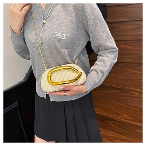 Detail der gewebten runden Handgelenktasche mit goldenem C-Griff und Kettenschultergurt