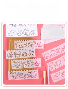 Close-up of translucent pink cartoon drawing templates with cute bear and flower patterns