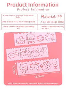 Close-up of 4pcs cartoon drawing stencil set specs with measurements and cute patterns
