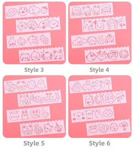 Detailed view of 4-piece pink cartoon drawing stencils for kids DIY journals