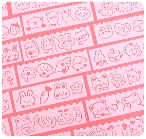 Pink cartoon stencils featuring cute animal and fruit patterns for DIY drawing kits