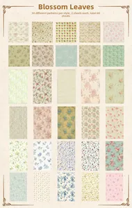 Detailed grid view of 60 vintage floral scrapbook stickers with various plant patterns
