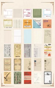 Macro view of 60 vintage paper stickers featuring retro luggage tags and ticket designs