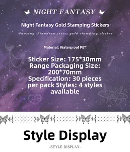 Detail of holographic PET stickers with gold foil fantasy patterns and product dimensions
