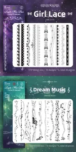 Detailed laser PET stickers featuring Girl Lace and Dream Music themes with holographic effect
