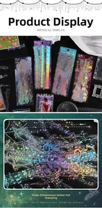 Macro detail of laser gold foil PET stickers featuring musical notes and star patterns