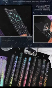 Close-up of holographic PET laser ribbon stickers with lace and star patterns for journaling