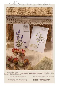 Detail of waterproof PET vintage flower stickers showing size specs and floral designs