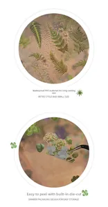 Detail of vintage waterproof PET floral stickers featuring ferns and clover motifs
