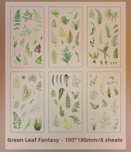 Detailed set of 6 vintage botanical PVC stickers with fern designs, size 100x180mm
