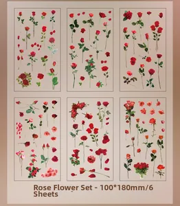 Detailed set of 6 vintage rose flower stickers measuring 100x180mm for scrapbooking