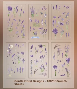 6 sheets of watercolor lavender floral PVC stickers measuring 100x180mm for journaling