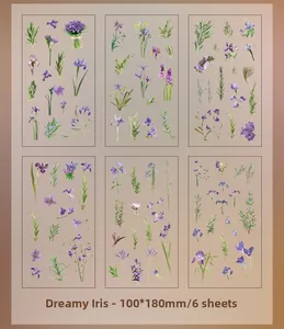 Detail view of Dreamy Iris botanical PVC stickers, set of 6 sheets in 100x180mm format