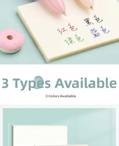 Close-up of colorful sticky index tabs with four-color ink writing and donut props