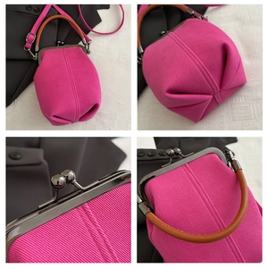 Detail shots of retro magenta corduroy handbag showing metallic clasp and leather handle