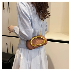 Detail einer braunen Flecht-Handtasche mit goldener Oval-Schließe und feiner Metallkette