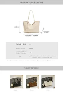 Detailed size specifications and material close-up of the woven texture PU leather tote bag