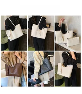 Three-color woven tote bag set showing white, brown, and black crossbody shoulder bags