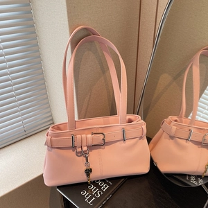 Women Underarm Shoulder Bag Faux Suede Belt Buckle Retro Style With Metal Key Pendant Commuter Tote For Lady