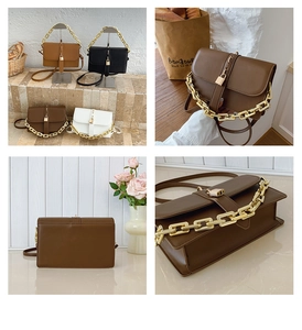 Detail view of four color options of retro small square bag with chunky gold chain