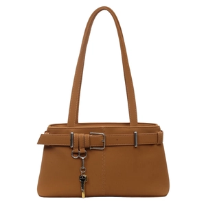 Retro caramel brown PU leather underarm bag with metal key pendant on white background
