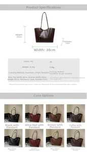 Detailed size chart for retro PU tote bag showing dimensions and various color options