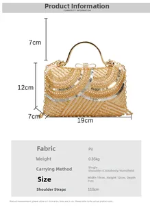 Detail view of champagne sequin evening bag with gold handle and dimension specs