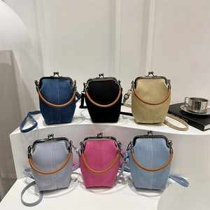 Retro denim crossbody bag with metal kiss-lock and wooden handle in six colors