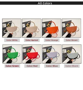 Collage of eight stylish half-moon bags in various colors with gold handles