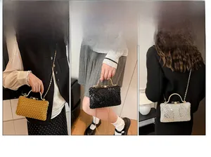 Detailed views of gold sequined evening clutch bag with metal handle and chain strap
