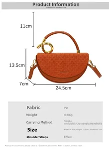 Detail view of orange PU leather saddle bag with woven texture and gold metal handle
