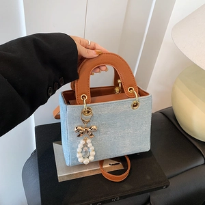 Vintage Denim Lady Style Handbag For Women Blue Polka Dot Sequin Crossbody Bag With Pearl Bow Charm And Brown PU Handle