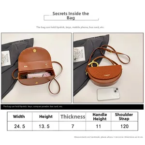 Detailed size chart and internal capacity guide for the brown leather saddle shoulder bag