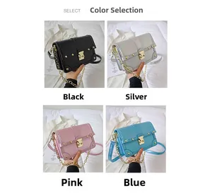 Detailed grid of fashion trunk crossbody bags in black, silver, pink, and blue with chains