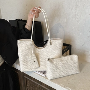 Women Woven PU Leather Tote Bag Large Capacity Commuter Shoulder Bag With Pouch Set Minimalist Fashion Handbag For Daily