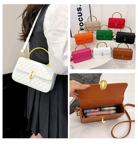 Quilted flap bag showing multi-color options and interior space for cosmetics