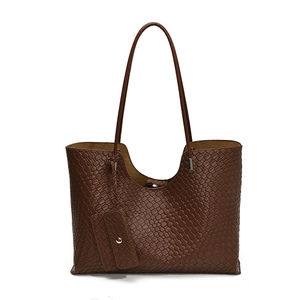 Coffee brown woven large capacity tote bag with matching coin purse on white background