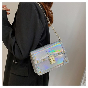 Detailed macro of holographic crocodile pattern bag with metallic chain and gold lock