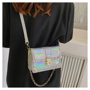 Detailed shot of holographic silver crossbody bag with crocodile texture and gold chain