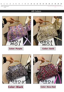 Dettaglio di pochette con paillettes in quattro colori con manici in legno e chiusura