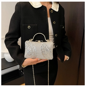 Detail of silver sequin evening bag with gold metal handle and bow clasp on model
