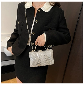 Detail of silver sequin evening bag with pearls and golden chain on black outfit