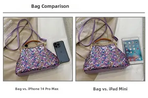 Confronto dimensioni della borsa con paillettes viola con iPhone 14 Pro Max e iPad mini
