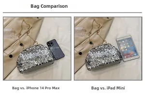 Detailed size comparison of silver sequin evening bag with smartphone and tablet