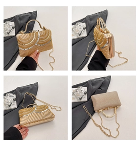 Detailed views of champagne gold sequined evening clutch bag with round metal handle