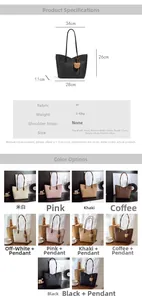 Detailed size chart and multi-color options for large capacity PU leather tote bag