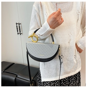 Fashionable half-round saddle bag with woven texture, metal handle and crossbody strap